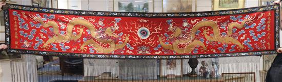 A Chinese embroidered silk dragon wall hanging, early 20th century